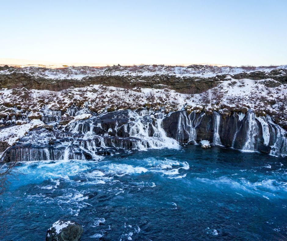 Picture of the Hraunfossar and Barnafoss Waterfalls in the Winter | Iceland with a View