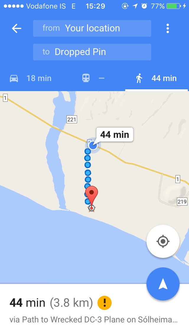 Now that the road to drive on the beach is closed, the only way to get there is to walk! It's 4km/45 minutes one way. Here is the route for the walk from the Ring Road to the abandoned plane wreck in on Sólheimasandur beach in South Iceland