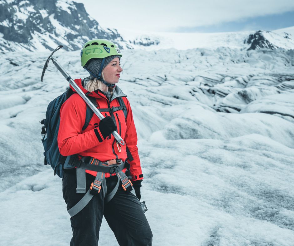 Picture of Jeannie Wearing the Full Recommended Gear to Hike an Iceland Ice Cave | Iceland with a View 