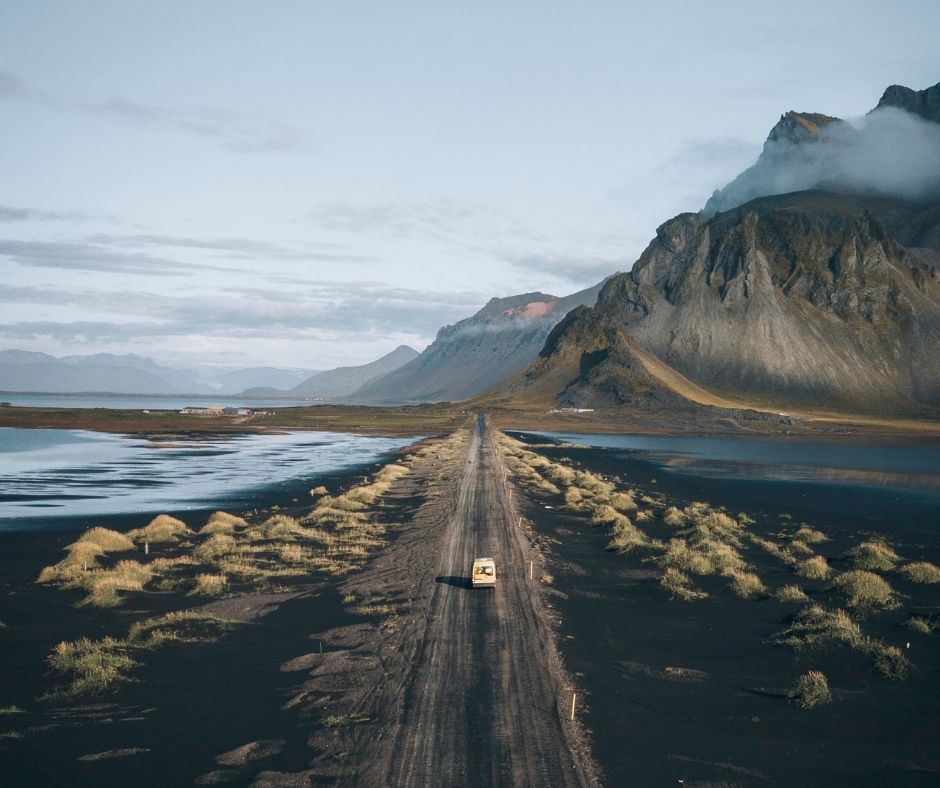 Drone View of the Happy Camper Van in the Road | Iceland with a View 