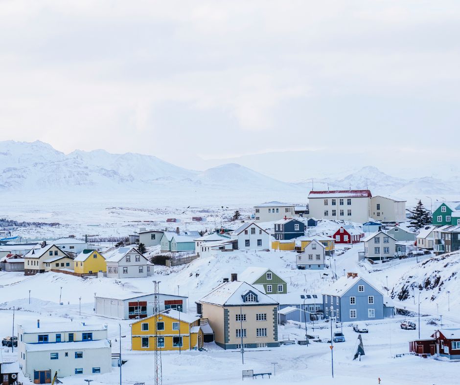 Landscape View of Iceland Houses Covered in Snow in the Winter | Iceland with a View 
