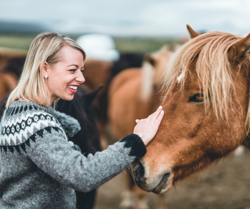 Picture of Jeannie Caressing a Horse in Hestaland, One of the Activities You Can Do in Iceland in June | Iceland with a View 