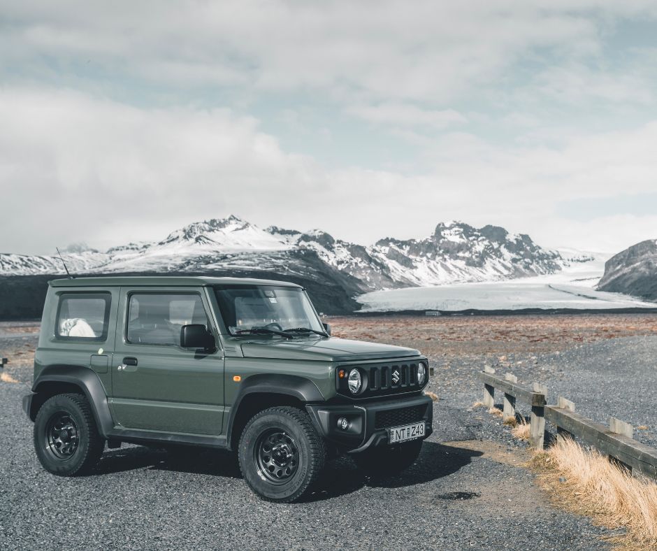 Picture of a Suzuki Jimmy Car in Iceland in Front of a Mountain Covered in Snow | February Driving In Iceland | Iceland with a View