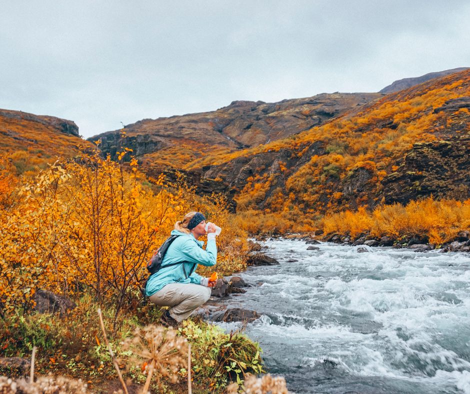 Jeannie Drinking Water from the Glymur Waterfall Goldfoliage Stream | Solo Travel Iceland | Iceland with a View 