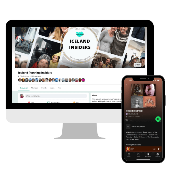 Tech Devices with Iceland Planning bonuses, cell phone Displaying an Iceland Road Trip Spotify Playlist, Computer Screen Displaying an Iceland Planning Facebook Group