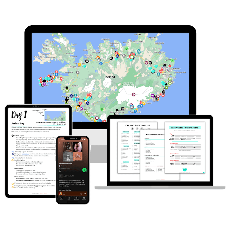 Tech Devices With Images of Iceland Planning Materials, Computer Screen with Iceland map, Tablet with Iceland Itinerary, Iceland Planning Checklists