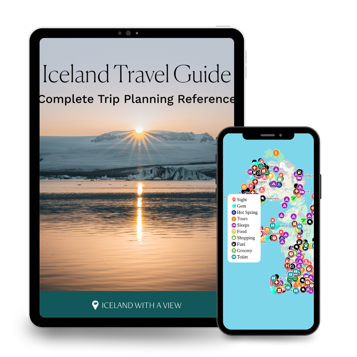 mockup of iceland travel guide and digital interactive map | Iceland with a view
