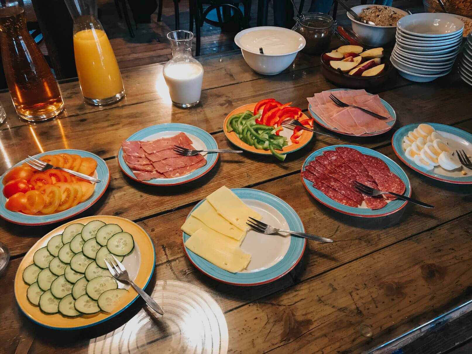 Picture of traditional breakfast in Iceland at a hotel buffet with cold veggies and deli meats