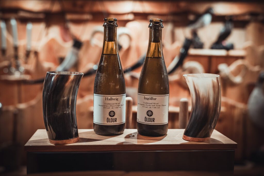 Picture of mead bottles in the Ingólfsskáli Viking Restaurant | Iceland with a View