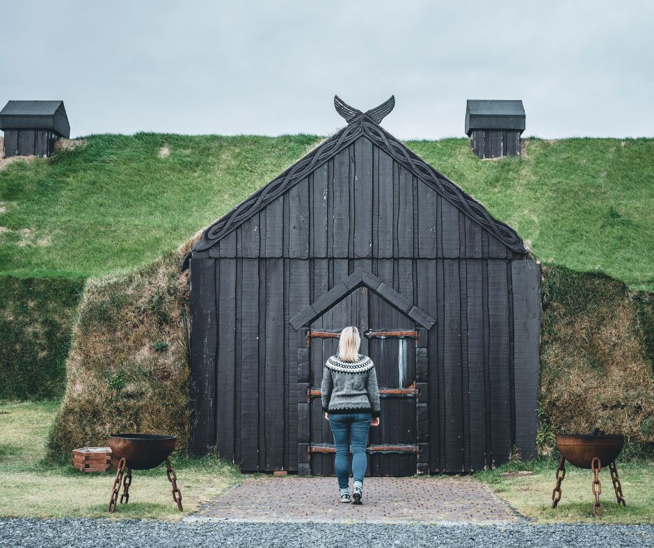 Picture of Jeannie Entering the Ingólfsskáli Viking Restaurant, one of the Places You can Eat While Visiting the Kerid Crater in the South West of Iceland | Iceland with aView 