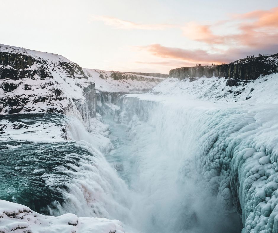 Landscape View of Gullfoss Waterfall Covered in Snow in Iceland | Iceland with a View 